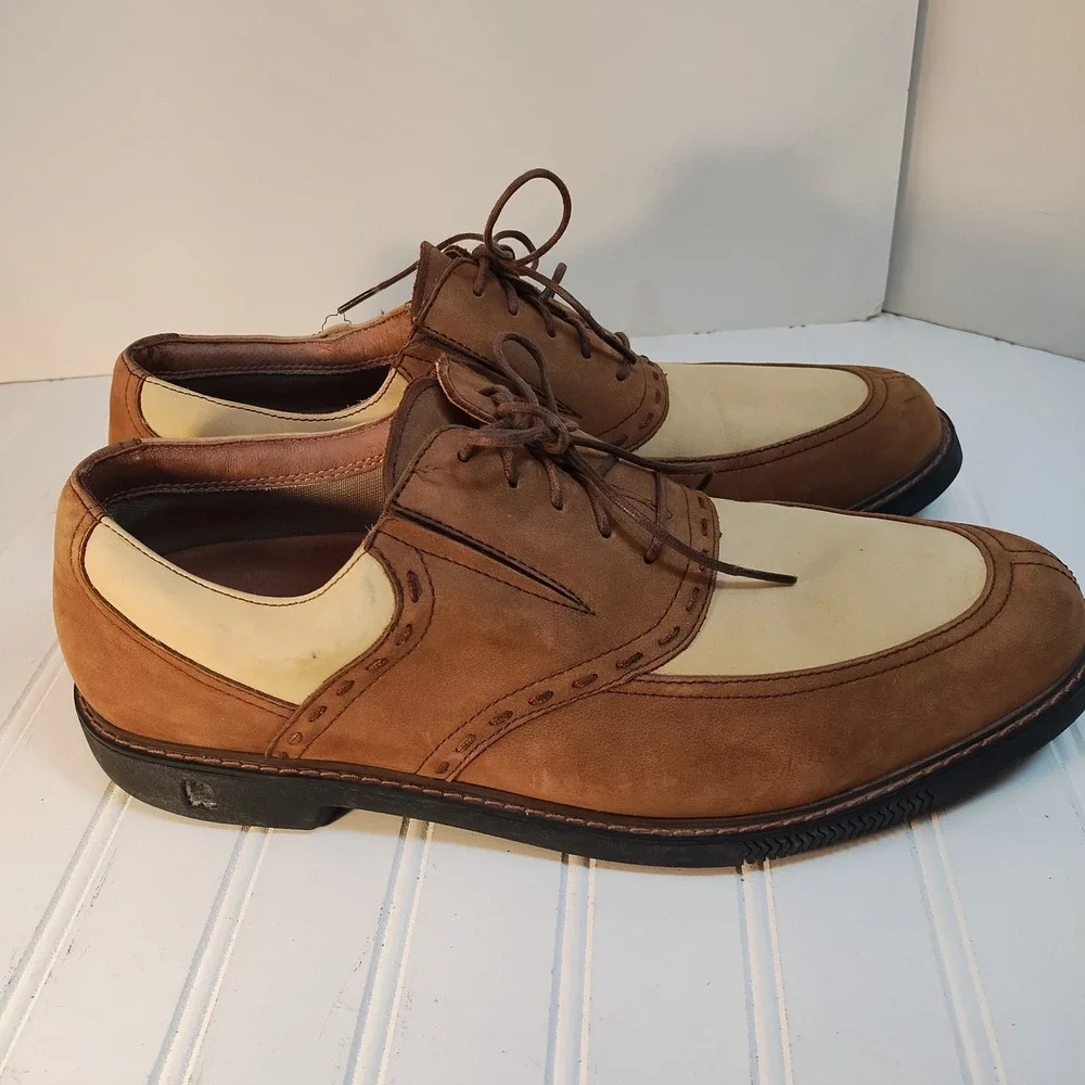 Tommy Bahama Mens Old Havana Cocoa Leather Saddle Golf Shoes 12M Two Tone Oxford
